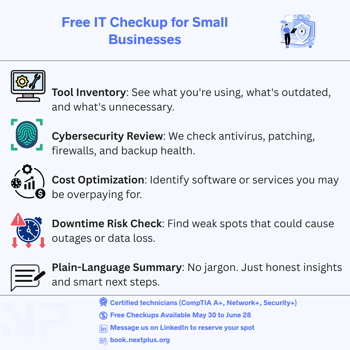 Free IT Checkup and MSP Assessment Services California - Tool Inventory, Cybersecurity Review, Cost Optimization, Downtime Risk Check, Plain-Language Summary for United States businesses